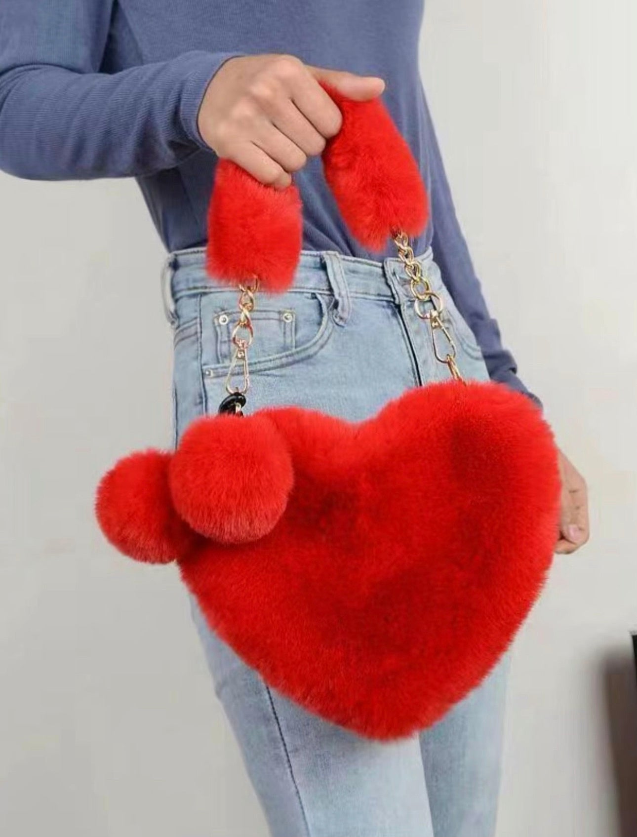 Women's Cute Heart Design Fluffy Plush Handbag, Fashionable Pom Pom Decorated Zipper Crossbody Bag