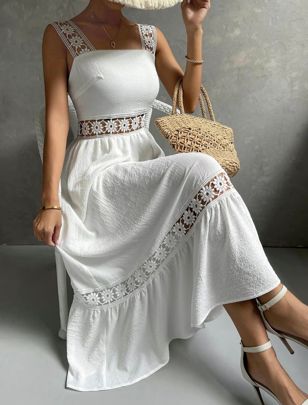 Women's Contrast Lace Flower Decor Hollow Out A Line Dress, Casual Sleeveless Square Neck Long Dress for Summer