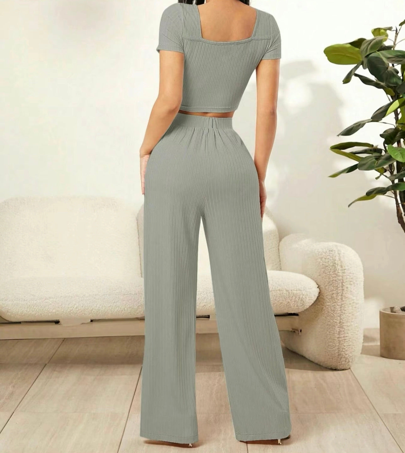 Women's 2pcs Solid Ribbed Crop Tee & High Waist Wide Leg Pants Set, Casual Short Sleeve Square Neck T-Shirt & Ruched Trousers, Summer Clothes for Daily Wear Outdoor