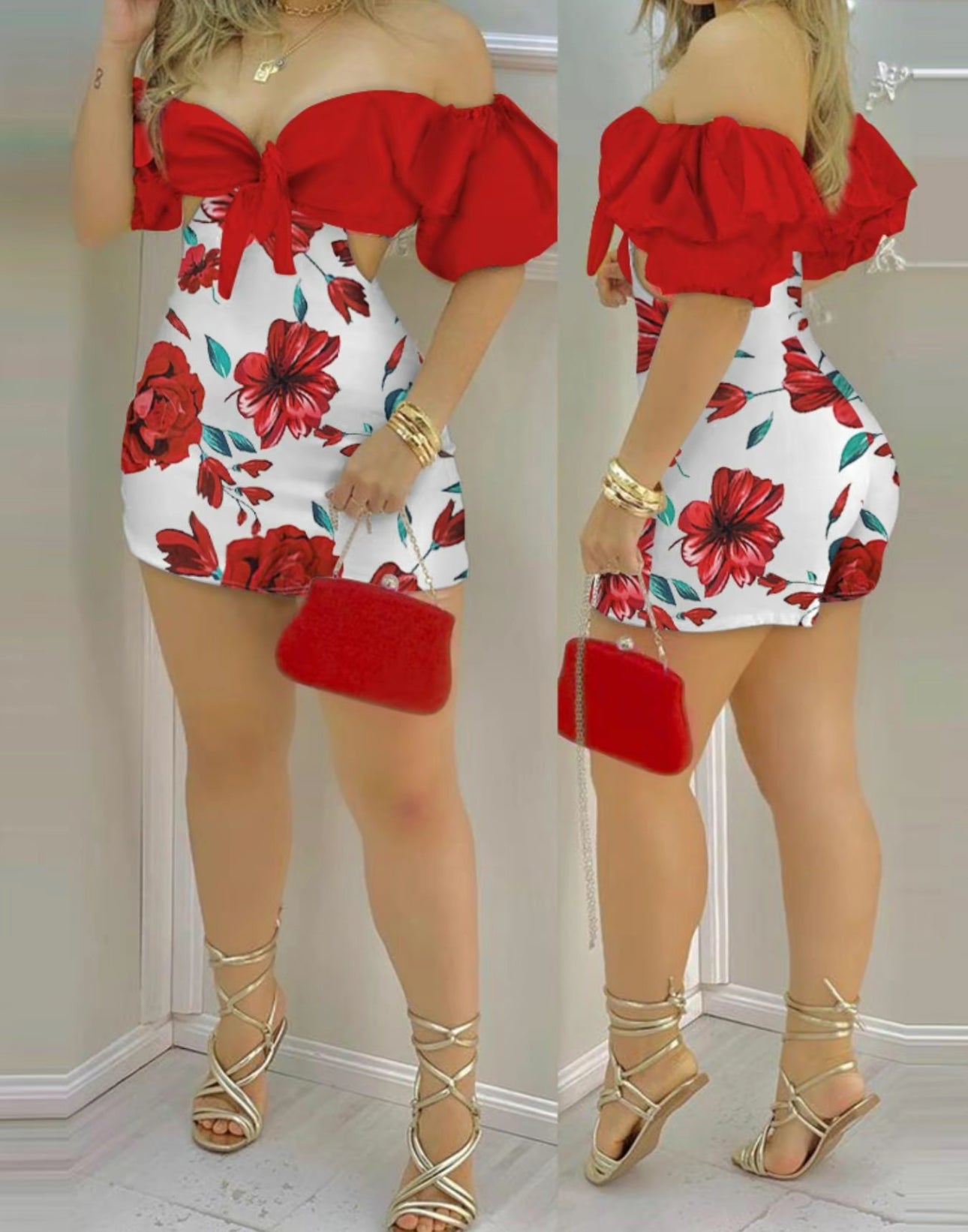 Women's Sexy Floral Print Cut out Knot Front Ruffle Puff Sleeve Slim Romper